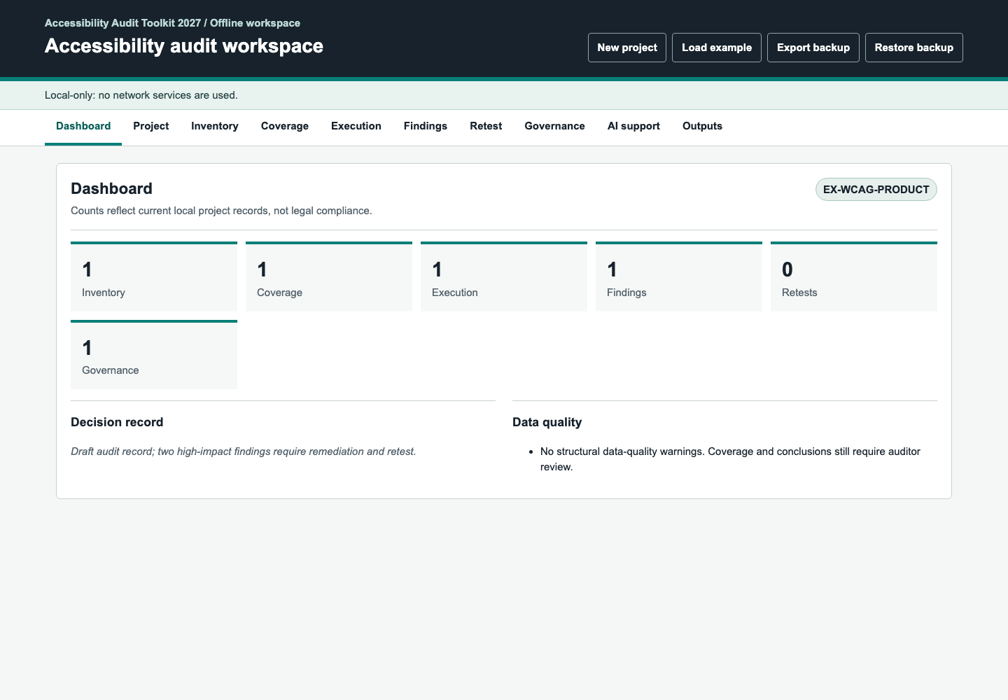 Accessibility audit toolkit offline project dashboard showing project status and audit records